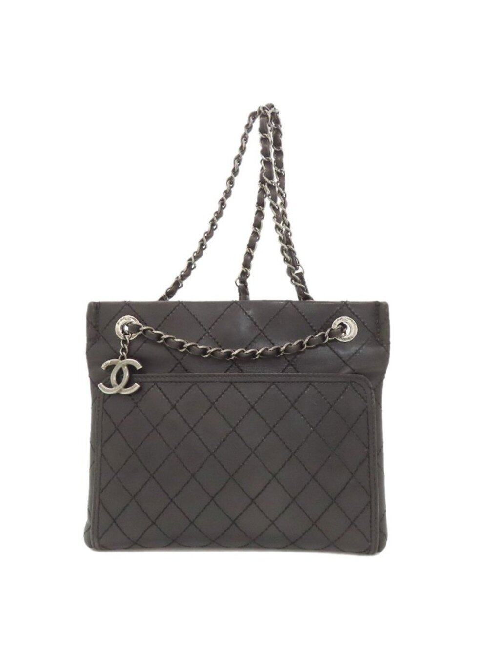 Chanel Quilted Silver Shoulder Bag Calfskin